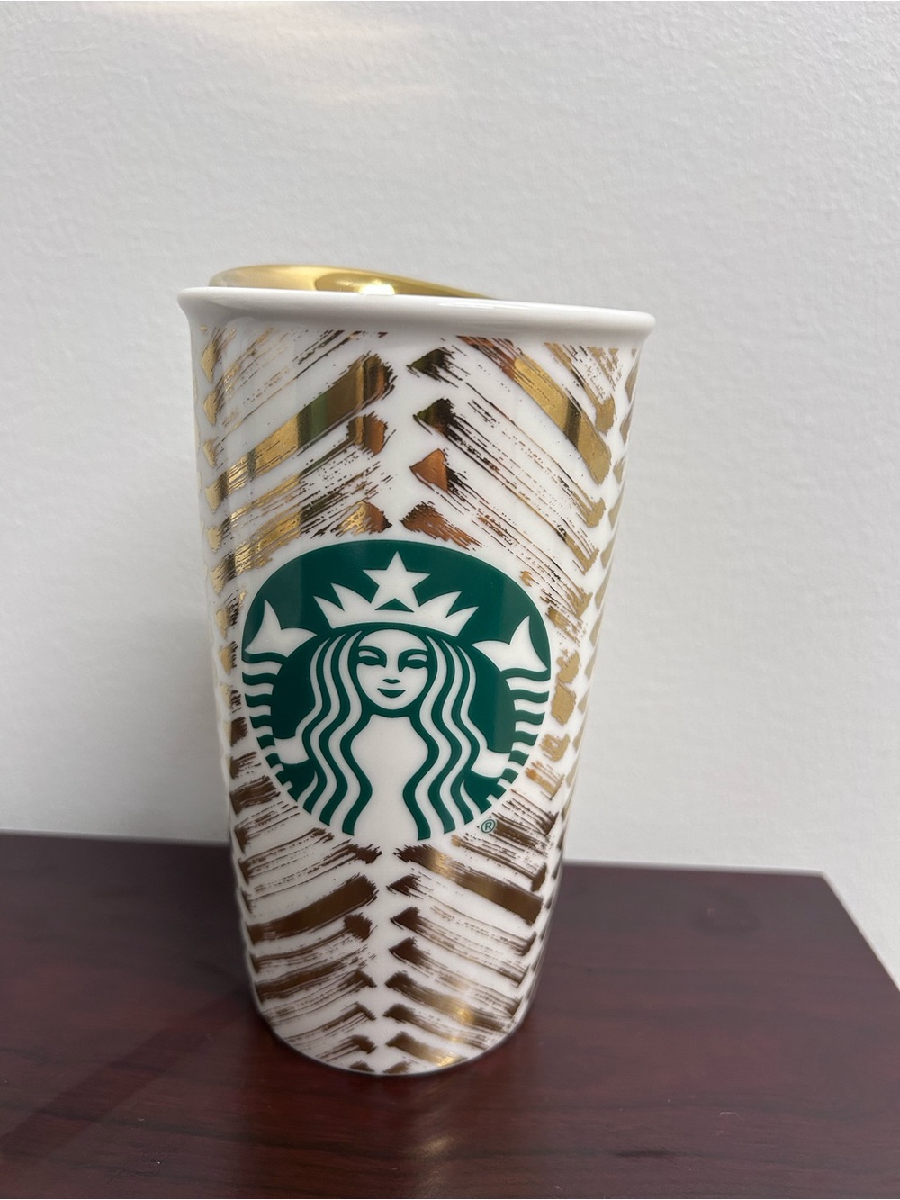 Starbucks White Ceramic Tumbler with Gold Brushstroke and Green Logo